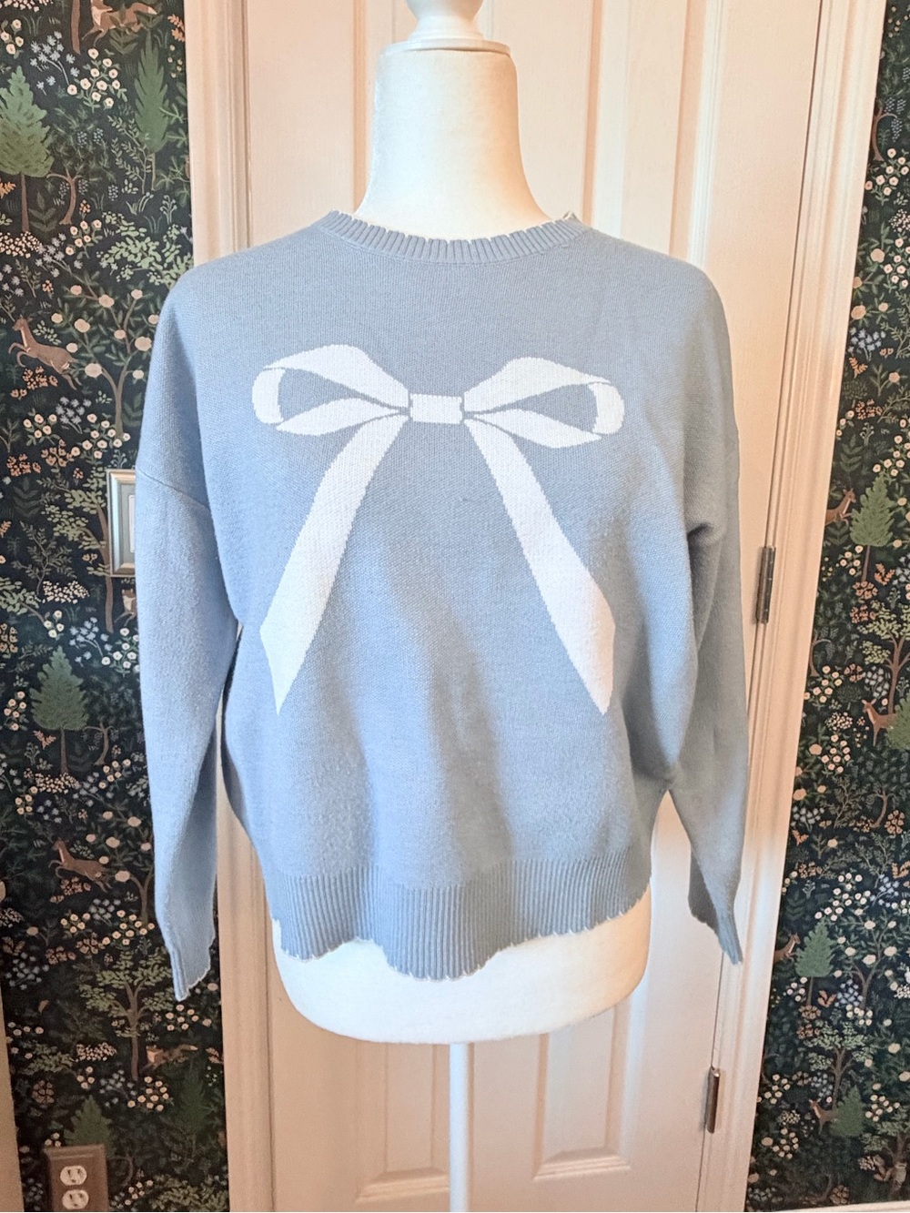 Women's Light Blue Crewneck Sweater with White Bow Detail